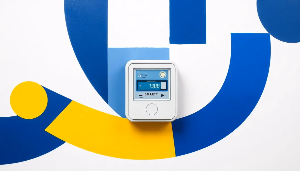 Suprematist abstract painting in the style of Kazimir Malevich featuring a modern white smart electricity meter with a glowing indicator diode and a blank minimalist display screen. Minimalist composition of bold navy blue and vibrant yellow geometric shapes such as circles, diagonal bars and sharp-edged rectangles arranged around the meter on a stark white background. Flat textures, sharp edges, high contrast, avant-garde electrical concept, clean graphic design. No humans, no text, no letters, no numbers.