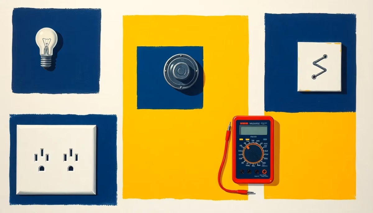 Suprematist abstract painting in the style of Kazimir Malevich featuring an electrical socket, a light bulb, a wall switch and a multimeter. Minimalist composition of bold navy blue and vibrant yellow geometric shapes on a stark white background. Flat textures, sharp edges, avant-garde electrical concept. No humans, no text overlay.