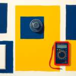 Suprematist abstract painting in the style of Kazimir Malevich featuring an electrical socket, a light bulb, a wall switch and a multimeter. Minimalist composition of bold navy blue and vibrant yellow geometric shapes on a stark white background. Flat textures, sharp edges, avant-garde electrical concept. No humans, no text overlay.