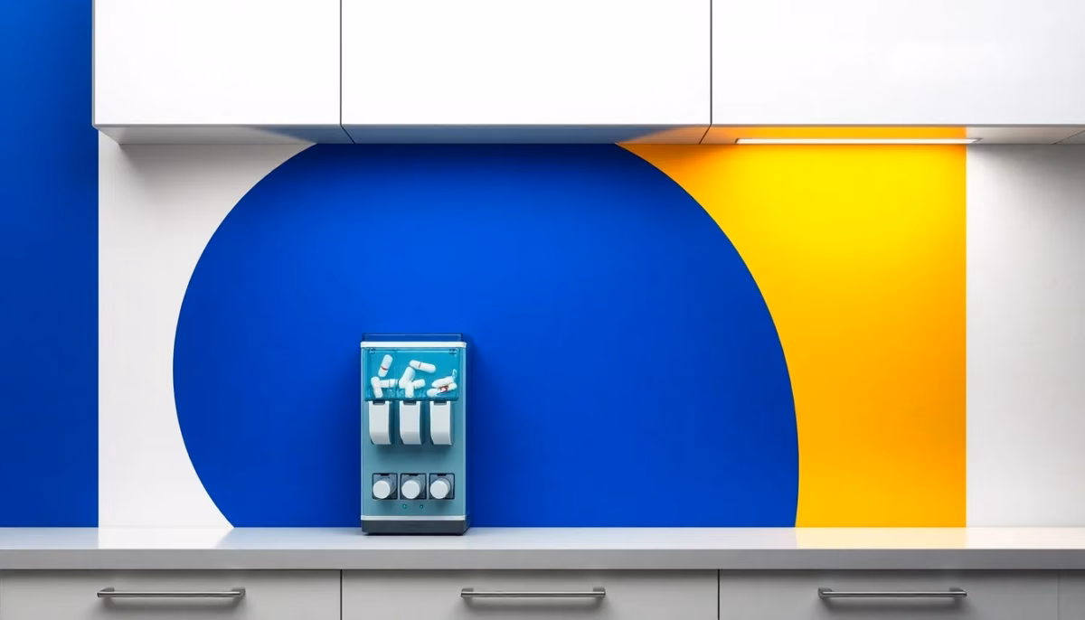 Suprematist abstract painting in the style of Kazimir Malevich featuring an automatic pill dispenser with segmented compartments and a glowing LED strip mounted under a kitchen cabinet. Minimalist composition of bold navy blue and vibrant yellow geometric shapes on a stark white background. Flat textures, sharp edges, avant-garde electrical concept. No humans, no text, no text overlay.