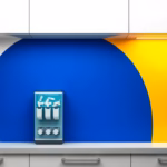 Suprematist abstract painting in the style of Kazimir Malevich featuring an automatic pill dispenser with segmented compartments and a glowing LED strip mounted under a kitchen cabinet. Minimalist composition of bold navy blue and vibrant yellow geometric shapes on a stark white background. Flat textures, sharp edges, avant-garde electrical concept. No humans, no text, no text overlay.