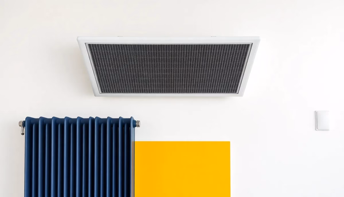 Suprematist abstract painting in the style of Kazimir Malevich featuring a ceiling heating panel and an electric inertia radiator. Minimalist composition of bold navy blue and vibrant yellow geometric shapes on a stark white background. Flat textures, sharp edges, avant-garde electrical concept. No humans, no text, no text overlay.