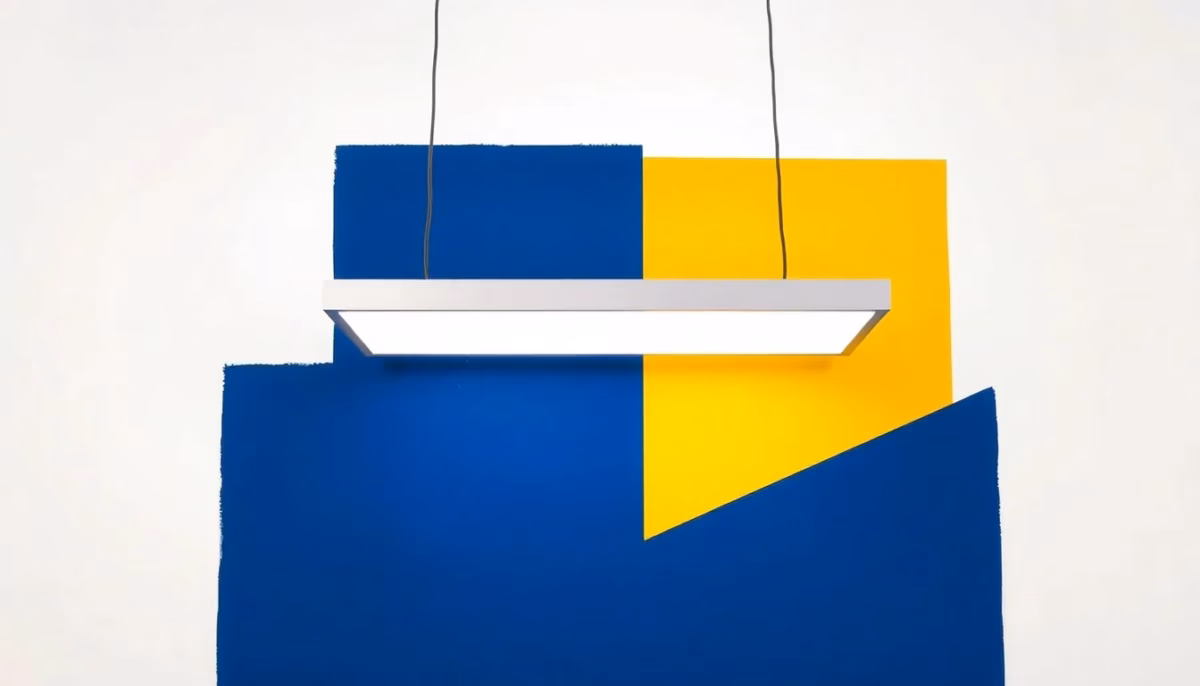 Suprematist abstract painting in the style of Kazimir Malevich featuring a minimalist ceiling light fixture with a glowing LED panel. Minimalist composition of bold navy blue and vibrant yellow geometric shapes on a stark white background. Flat textures, sharp edges, avant-garde electrical concept. No humans, no text.