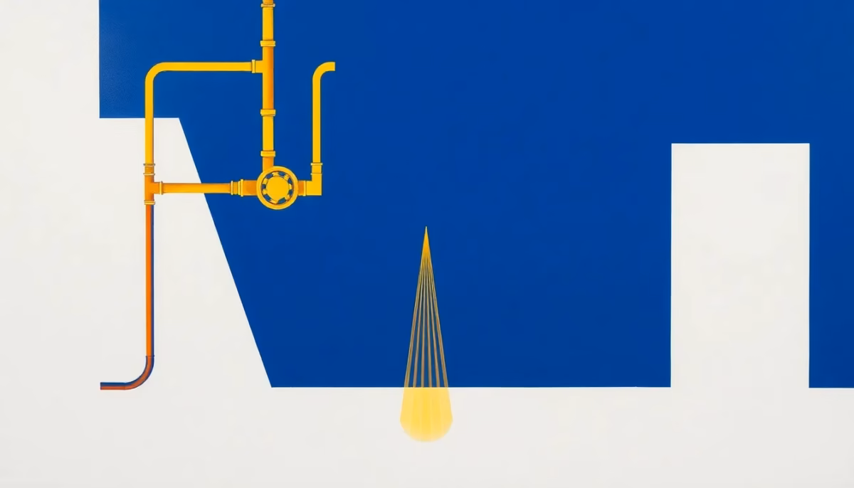 Suprematist abstract painting by Kazimir Malevich featuring underfloor heating pipes and a brass manifold with radiant heat waves rising from the floor. Minimalist composition of bold navy blue and vibrant yellow geometric shapes on a stark white background. Flat textures, sharp edges, avant-garde heating concept. ##no humans##, ##no text##