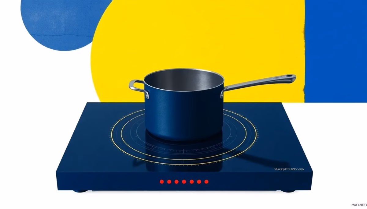 Suprematist abstract painting inspired by Kazimir Malevich featuring a modern induction cooktop with glowing electromagnetic coil rings and a magnetic cooking pot. Minimalist composition of bold navy blue and vibrant yellow geometric shapes on a stark white background. Flat textures, sharp edges, avant-garde electrical concept. No humans, no text overlay.