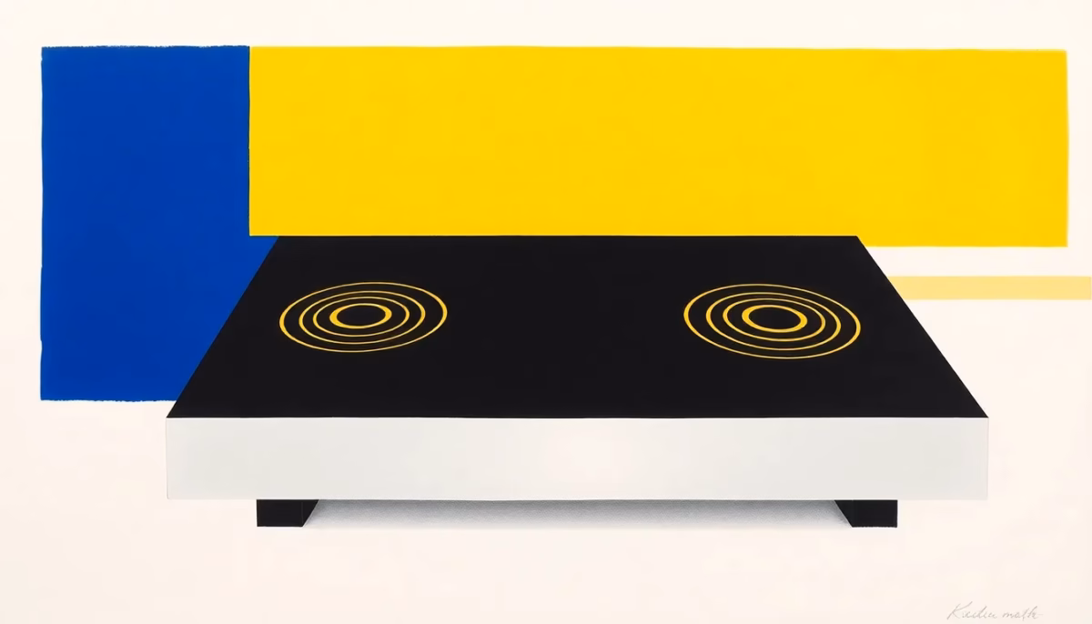 Suprematist abstract painting inspired by Kazimir Malevich featuring an induction cooktop with glowing concentric heating zones. Minimalist composition of bold navy blue and vibrant yellow geometric shapes on a stark white background. Flat textures, sharp edges, avant-garde electrical concept. No humans, no text.