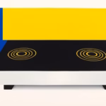 Suprematist abstract painting inspired by Kazimir Malevich featuring an induction cooktop with glowing concentric heating zones. Minimalist composition of bold navy blue and vibrant yellow geometric shapes on a stark white background. Flat textures, sharp edges, avant-garde electrical concept. No humans, no text.