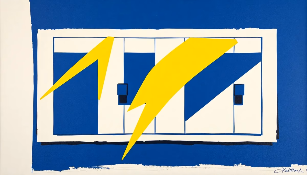 Suprematist abstract painting in the style of Kazimir Malevich featuring an electrical circuit breaker panel with geometric lightning bolts. Minimalist composition of bold navy blue and vibrant yellow geometric shapes on a stark white background. Flat textures, sharp edges, avant-garde electrical concept, no humans, no text overlay.
