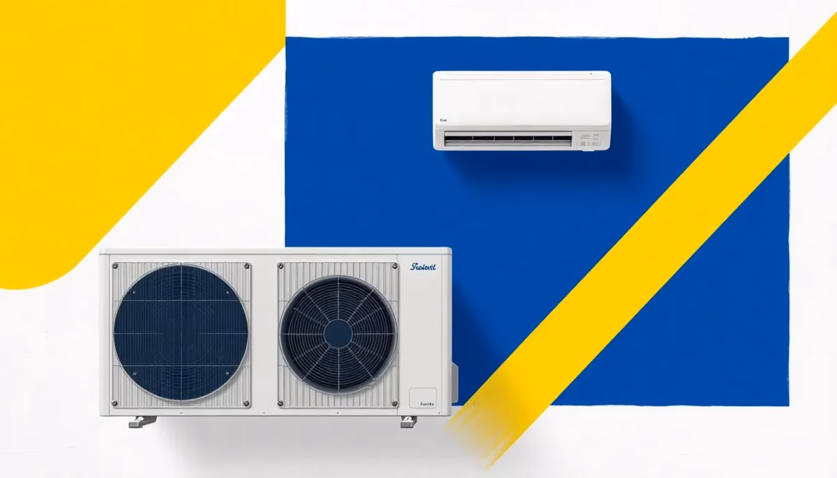 Suprematist abstract painting in the style of Kazimir Malevich featuring a reversible air-to-air heat pump with its outdoor condenser unit and a wall-mounted split air conditioner. Minimalist composition of bold navy blue and vibrant yellow geometric shapes on a stark white background. Flat textures, sharp edges, avant-garde electrical concept. No humans, no text, no lettering.