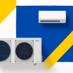 Suprematist abstract painting in the style of Kazimir Malevich featuring a reversible air-to-air heat pump with its outdoor condenser unit and a wall-mounted split air conditioner. Minimalist composition of bold navy blue and vibrant yellow geometric shapes on a stark white background. Flat textures, sharp edges, avant-garde electrical concept. No humans, no text, no lettering.