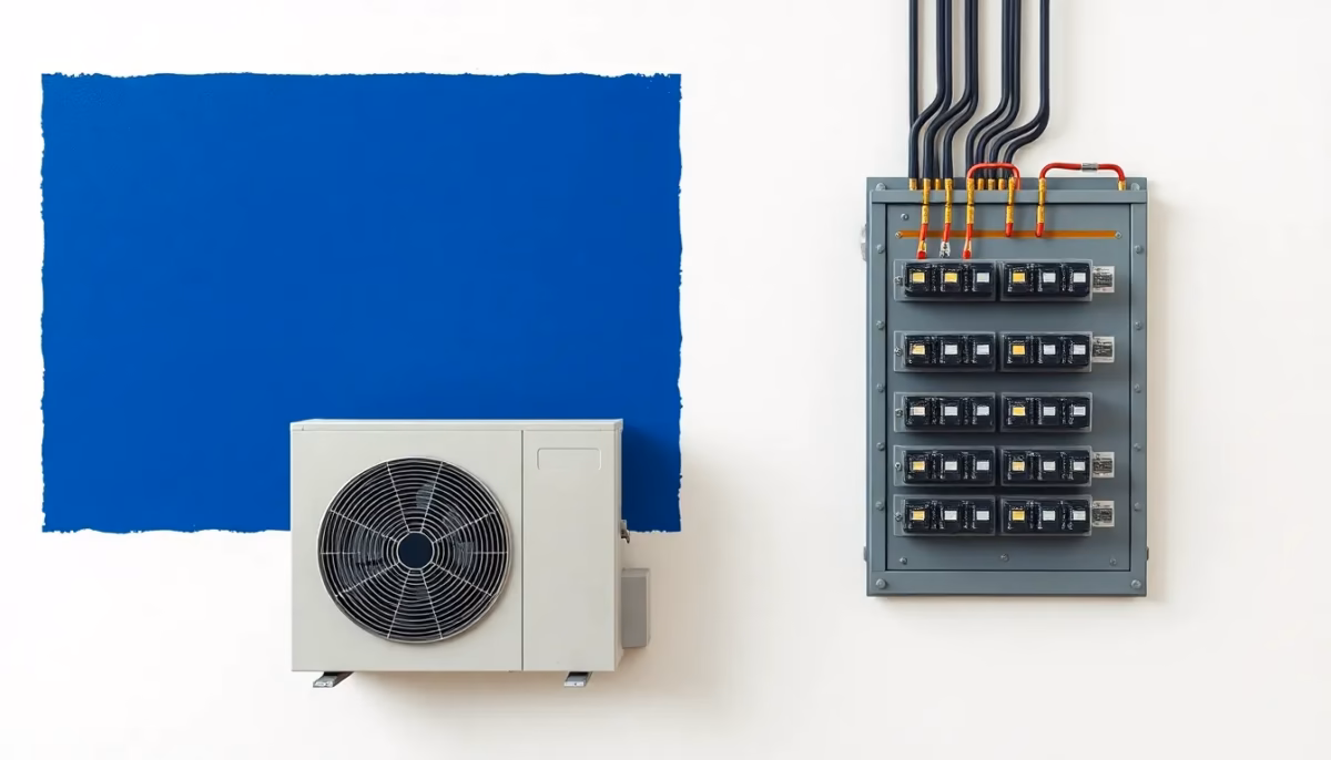 Suprematist abstract painting featuring a heat pump outdoor unit connected to an electrical distribution panel with circuit breakers. Minimalist composition of bold navy blue and vibrant yellow geometric shapes on a stark white background. Flat textures, sharp edges, avant-garde electrical concept. No humans, no text, no lettering.