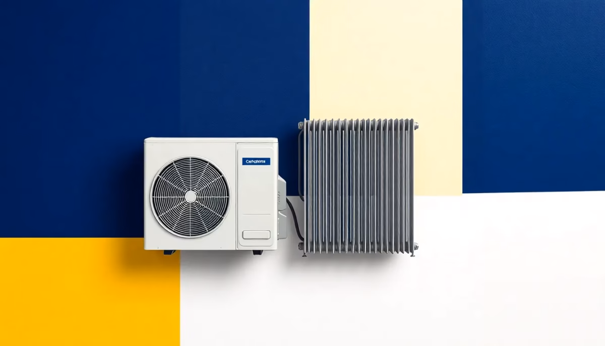 Suprematist abstract painting inspired by Kazimir Malevich, featuring a heat pump outdoor unit and a radiator depicted as bold geometric shapes. Minimalist avant-garde composition with deep navy blue and vibrant yellow geometric forms on a stark white background, flat textures, sharp edges, winter heating concept, no humans, no text overlay.