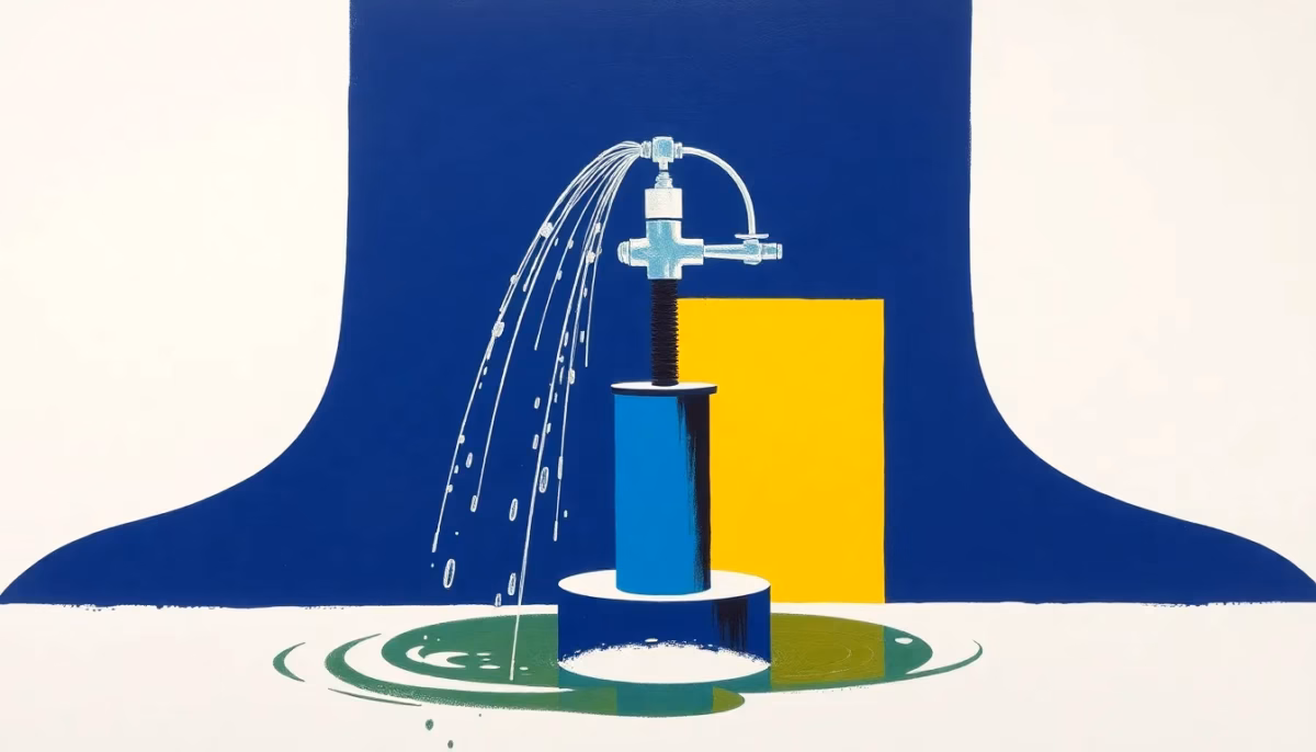 Suprematist abstract painting inspired by Kazimir Malevich depicting a well water pump connected to automatic irrigation sprinklers with flowing water jets. Minimalist composition of bold navy blue and vibrant yellow geometric shapes on a stark white background. Flat textures, sharp edges, avant-garde electrical concept. No humans, no text, no text overlay.