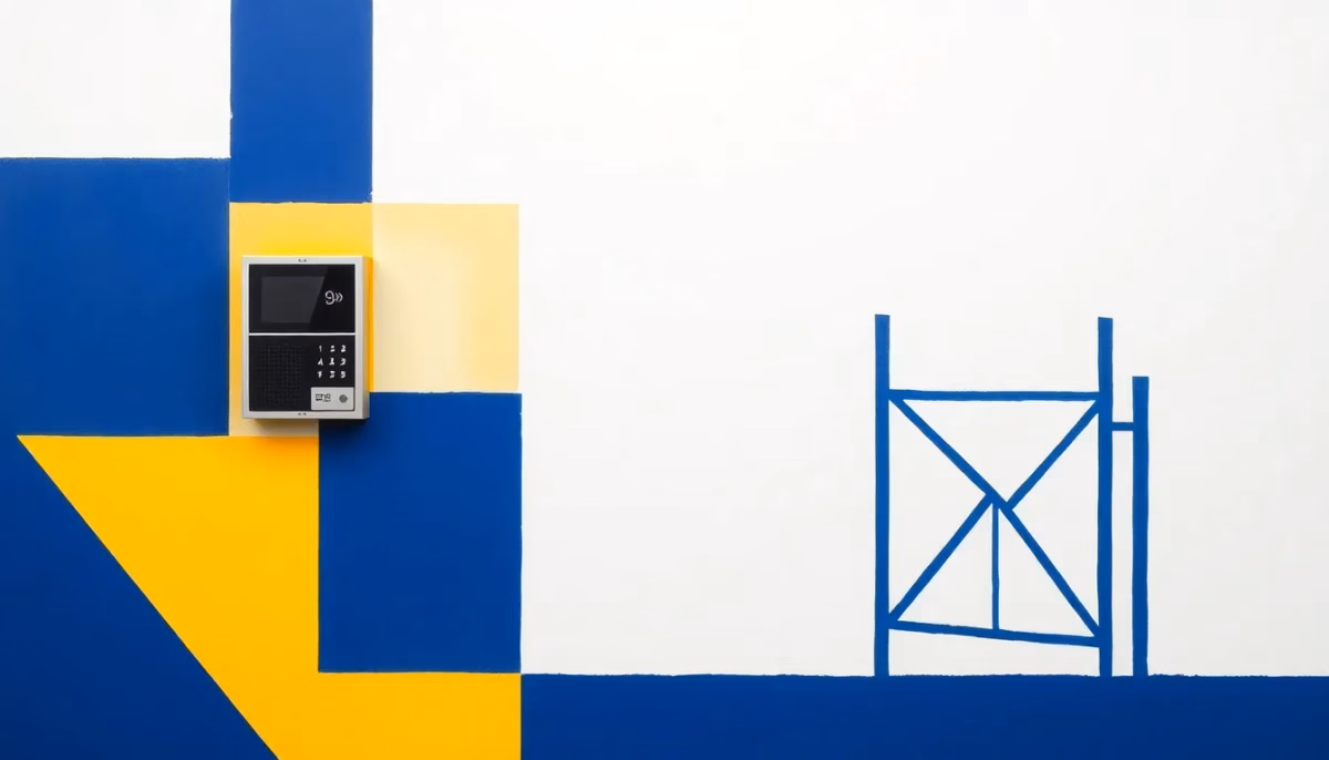 Suprematist abstract painting inspired by Kazimir Malevich featuring a video door intercom panel and a rural farm gate portal. Minimalist composition of bold navy blue and vibrant yellow geometric shapes on a stark white background. Flat textures, sharp edges, avant-garde electrical concept. No humans, no text overlay.
