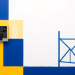 Suprematist abstract painting inspired by Kazimir Malevich featuring a video door intercom panel and a rural farm gate portal. Minimalist composition of bold navy blue and vibrant yellow geometric shapes on a stark white background. Flat textures, sharp edges, avant-garde electrical concept. No humans, no text overlay.