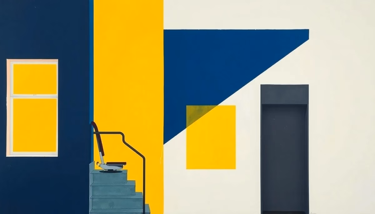 Suprematist abstract painting inspired by Kazimir Malevich, featuring a stairlift climbing a staircase and a compact home elevator shaft beside geometric window shapes. Minimalist composition of bold navy blue and vibrant yellow geometric shapes on a stark white background. Flat textures, sharp edges, avant-garde electrical concept. No humans, no text, no text overlay.