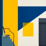Suprematist abstract painting inspired by Kazimir Malevich, featuring a stairlift climbing a staircase and a compact home elevator shaft beside geometric window shapes. Minimalist composition of bold navy blue and vibrant yellow geometric shapes on a stark white background. Flat textures, sharp edges, avant-garde electrical concept. No humans, no text, no text overlay.
