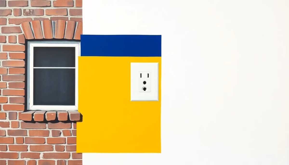 Suprematist abstract painting in the style of Kazimir Malevich featuring a two-prong wall outlet mounted beside the facade of an old red brick French farmhouse. Minimalist composition of bold navy blue and vibrant yellow geometric shapes on a stark white background. Flat textures, sharp edges, avant-garde electrical concept, clean geometric balance. No humans, no text.