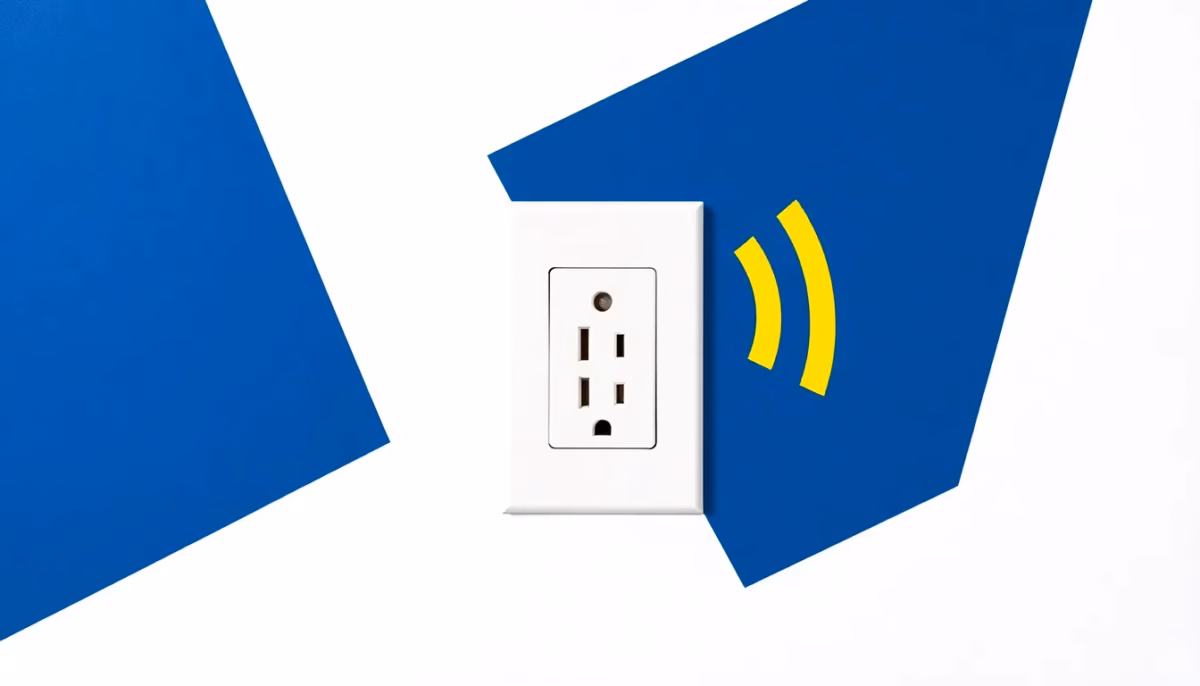 Suprematist abstract painting inspired by Kazimir Malevich featuring a modern smart electrical outlet with geometric Wi-Fi signal waves radiating from it. Minimalist composition of bold navy blue and vibrant yellow geometric shapes on a stark white background. Flat textures, sharp clean edges, avant-garde smart home electrical concept. No humans, no text, no lettering.