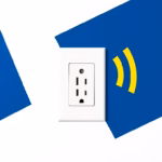 Suprematist abstract painting inspired by Kazimir Malevich featuring a modern smart electrical outlet with geometric Wi-Fi signal waves radiating from it. Minimalist composition of bold navy blue and vibrant yellow geometric shapes on a stark white background. Flat textures, sharp clean edges, avant-garde smart home electrical concept. No humans, no text, no lettering.