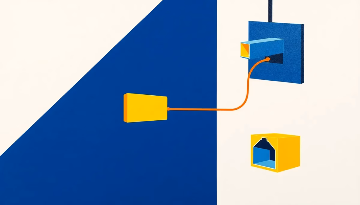 Suprematist abstract painting inspired by Kazimir Malevich featuring an old French telephone T-jack morphing into a modern RJ45 ethernet wall socket, connected by bold geometric lines to abstract network nodes. Minimalist composition with bold navy blue and vibrant yellow geometric shapes on a stark white background. Flat textures, sharp edges, avant-garde electrical concept. No humans, no text.