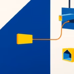 Suprematist abstract painting inspired by Kazimir Malevich featuring an old French telephone T-jack morphing into a modern RJ45 ethernet wall socket, connected by bold geometric lines to abstract network nodes. Minimalist composition with bold navy blue and vibrant yellow geometric shapes on a stark white background. Flat textures, sharp edges, avant-garde electrical concept. No humans, no text.