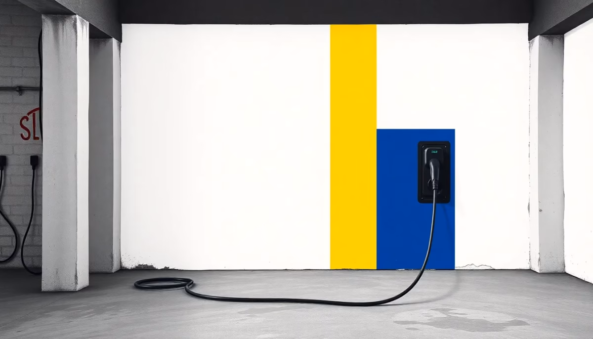 Suprematist abstract painting by Kazimir Malevich featuring an electric car charging socket with a coiled charging cable mounted on a rustic wall in an old French garage. Minimalist composition of bold navy blue and vibrant yellow geometric shapes on a stark white background. Flat textures, sharp edges, avant-garde electrical concept. No humans, no text overlay.