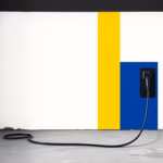 Suprematist abstract painting by Kazimir Malevich featuring an electric car charging socket with a coiled charging cable mounted on a rustic wall in an old French garage. Minimalist composition of bold navy blue and vibrant yellow geometric shapes on a stark white background. Flat textures, sharp edges, avant-garde electrical concept. No humans, no text overlay.