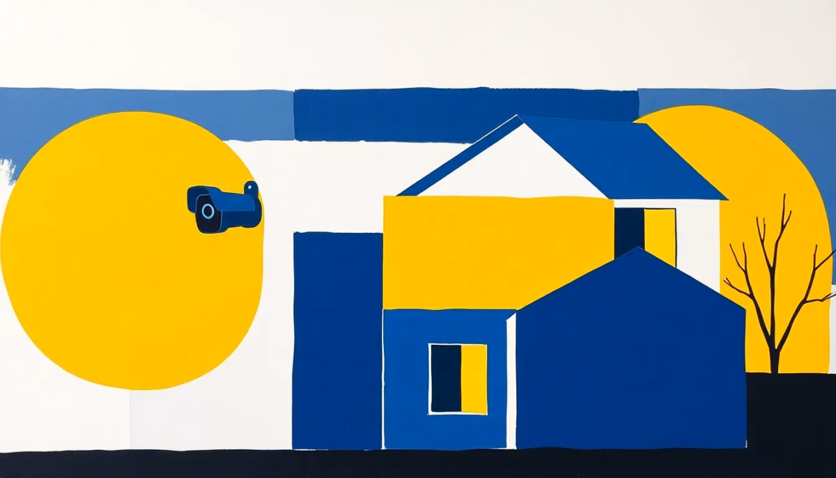 Suprematist abstract painting in the style of Kazimir Malevich featuring a modern house security alarm system with a surveillance camera and a siren protecting a rural home. Minimalist composition of bold navy blue and vibrant yellow geometric shapes on a stark white background. Flat textures, sharp edges, avant-garde electrical concept. No humans, no text overlay.