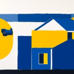 Suprematist abstract painting in the style of Kazimir Malevich featuring a modern house security alarm system with a surveillance camera and a siren protecting a rural home. Minimalist composition of bold navy blue and vibrant yellow geometric shapes on a stark white background. Flat textures, sharp edges, avant-garde electrical concept. No humans, no text overlay.