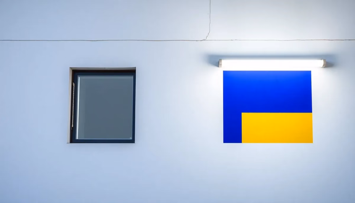Suprematist abstract painting inspired by Kazimir Malevich featuring a bold modern outdoor LED floodlight mounted on a house facade, replacing an old glowing halogen tube. Minimalist composition of bold navy blue and vibrant yellow geometric shapes on a stark white background. Flat textures, sharp edges, avant-garde electrical concept. No humans, no text, no lettering.