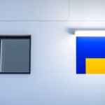 Suprematist abstract painting inspired by Kazimir Malevich featuring a bold modern outdoor LED floodlight mounted on a house facade, replacing an old glowing halogen tube. Minimalist composition of bold navy blue and vibrant yellow geometric shapes on a stark white background. Flat textures, sharp edges, avant-garde electrical concept. No humans, no text, no lettering.