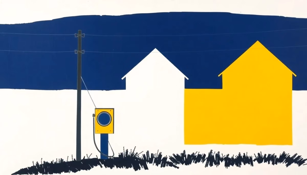 Suprematist abstract painting inspired by Kazimir Malevich featuring a rural French farmhouse silhouette with an electrical meter and power lines. Minimalist composition of bold navy blue and vibrant yellow geometric shapes on a stark white background. Flat textures, sharp edges, avant-garde electrical concept. No humans, no text.