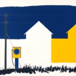 Suprematist abstract painting inspired by Kazimir Malevich featuring a rural French farmhouse silhouette with an electrical meter and power lines. Minimalist composition of bold navy blue and vibrant yellow geometric shapes on a stark white background. Flat textures, sharp edges, avant-garde electrical concept. No humans, no text.