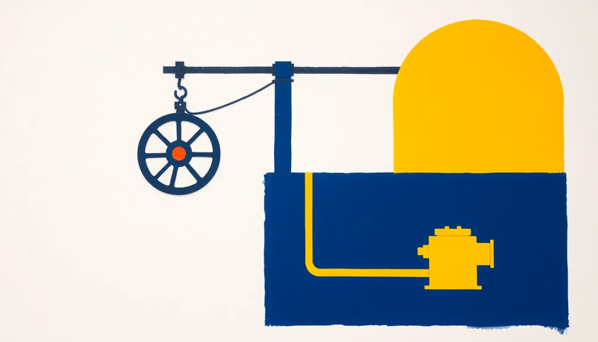 Suprematist abstract painting in the style of Kazimir Malevich featuring a well head with pulley, a borehole pipe and a water booster pump. Minimalist composition of bold navy blue and vibrant yellow geometric shapes on a stark white background. Flat textures, sharp edges, avant-garde electrical concept. No humans, no text overlay.