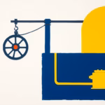 Suprematist abstract painting in the style of Kazimir Malevich featuring a well head with pulley, a borehole pipe and a water booster pump. Minimalist composition of bold navy blue and vibrant yellow geometric shapes on a stark white background. Flat textures, sharp edges, avant-garde electrical concept. No humans, no text overlay.