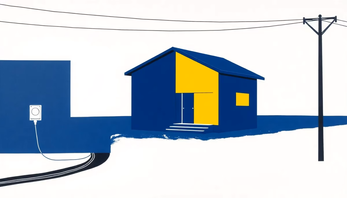 Suprematist abstract painting in the style of Kazimir Malevich depicting a new house connected to electric power lines, with a meter panel and a buried cable trench leading to the home. Minimalist composition of bold navy blue and vibrant yellow geometric shapes on a stark white background. Flat textures, sharp edges, avant-garde electrical concept. No humans, no text, no text overlay.