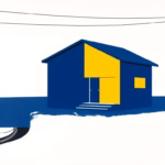 Suprematist abstract painting in the style of Kazimir Malevich depicting a new house connected to electric power lines, with a meter panel and a buried cable trench leading to the home. Minimalist composition of bold navy blue and vibrant yellow geometric shapes on a stark white background. Flat textures, sharp edges, avant-garde electrical concept. No humans, no text, no text overlay.