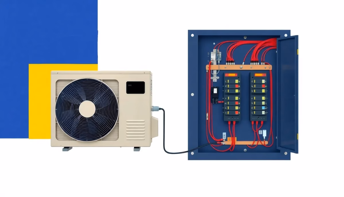 Suprematist abstract painting in the style of Kazimir Malevich depicting a heat pump outdoor unit connected to an electrical distribution panel with circuit breakers and cables. Minimalist composition of bold navy blue and vibrant yellow geometric shapes on a stark white background. Flat textures, sharp edges, avant-garde electrical concept. No humans, no text overlay.