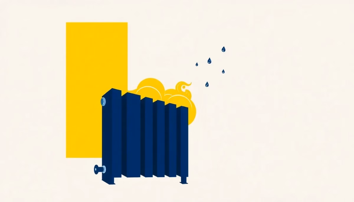 Suprematist abstract painting in the style of Kazimir Malevich featuring a geometric radiator emitting stylized warm waves and floating water droplets. Minimalist composition of bold navy blue and vibrant yellow geometric shapes on a stark white background. Flat textures, sharp edges, avant-garde electrical concept. No humans, no text overlay.