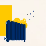 Suprematist abstract painting in the style of Kazimir Malevich featuring a geometric radiator emitting stylized warm waves and floating water droplets. Minimalist composition of bold navy blue and vibrant yellow geometric shapes on a stark white background. Flat textures, sharp edges, avant-garde electrical concept. No humans, no text overlay.