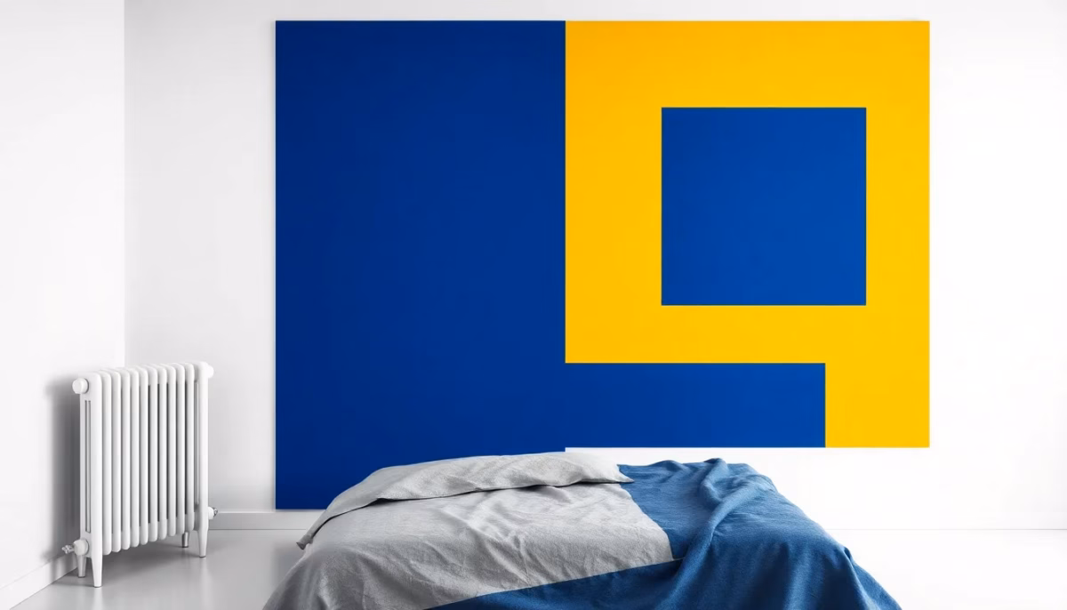 Suprematist abstract painting inspired by Kazimir Malevich, showing a modern electric inertia radiator standing beside a bed in a minimalist bedroom. Bold geometric composition of navy blue rectangles and vibrant yellow squares on a stark white background, flat textures, sharp clean edges, soft abstract heat arcs radiating from the radiator to evoke gentle silent warmth, avant-garde electrical heating concept, flat vector-style illustration, no humans, no text, no lettering.