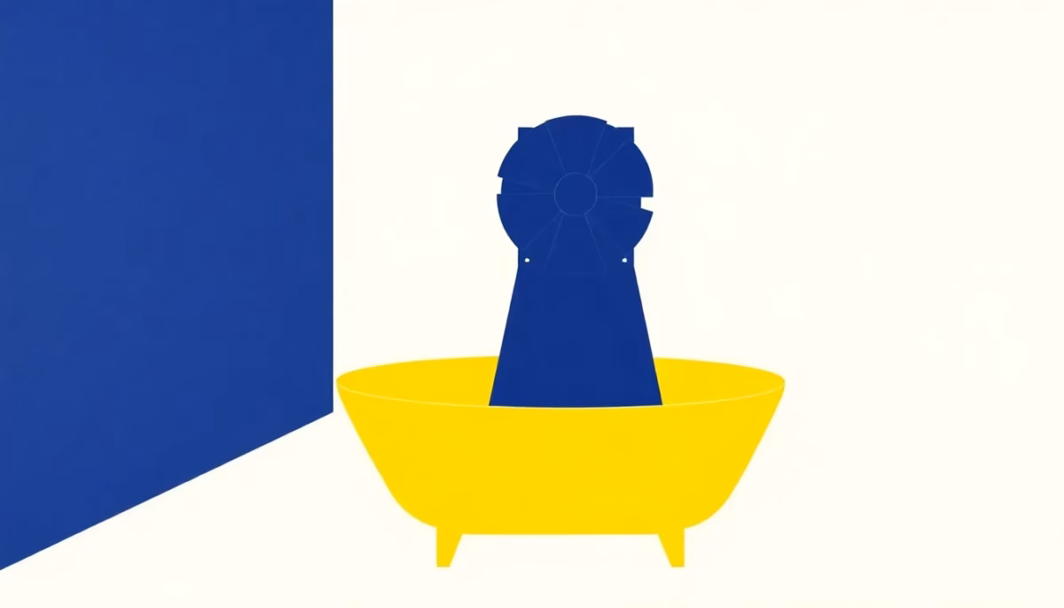 Suprematist abstract painting inspired by Kazimir Malevich, featuring a compact bathroom fan heater mounted on a wall and emitting bold geometric heat waves above a stylized bathtub silhouette. Minimalist composition of bold navy blue and vibrant yellow geometric shapes on a stark white background. Flat textures, sharp edges, avant-garde electrical concept. No humans, no text overlay.