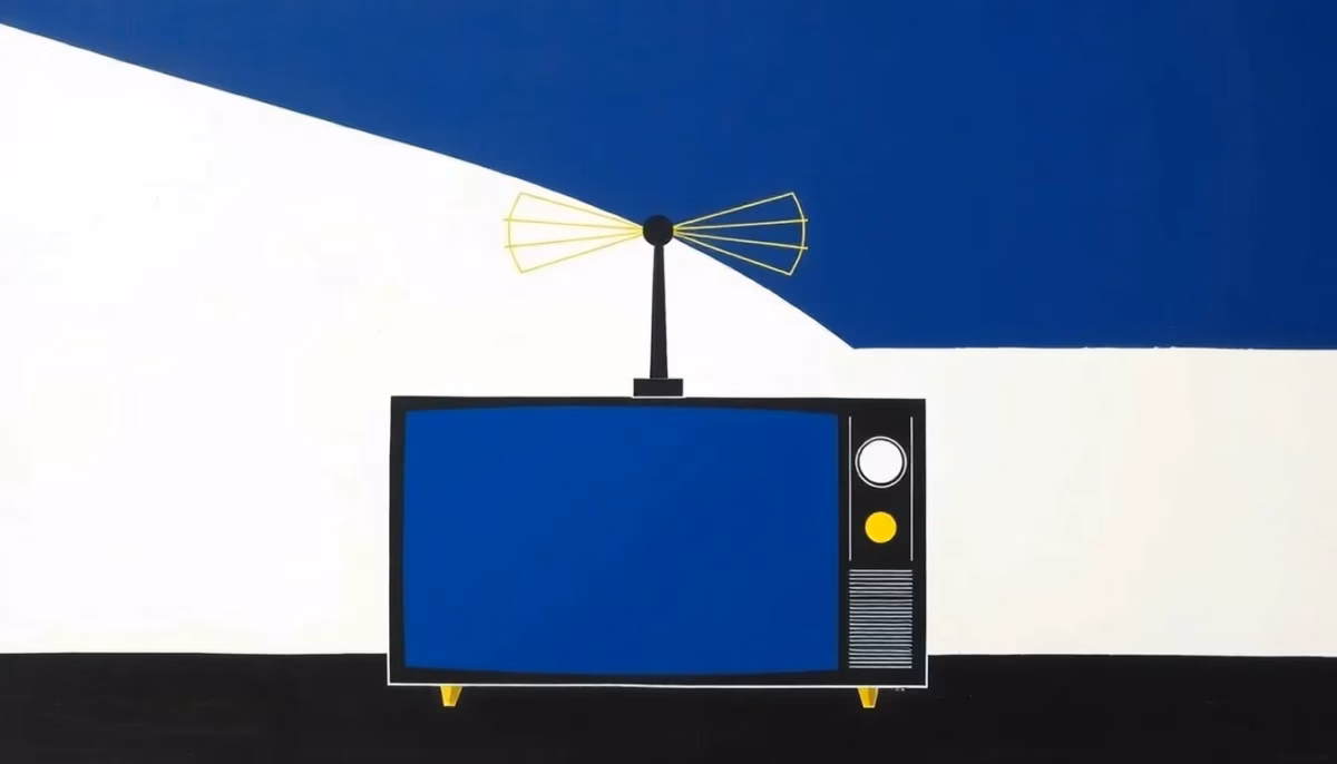 Suprematist abstract painting in the style of Kazimir Malevich: a bold TV rake antenna mast with parallel rods standing on a rooftop, radiating stylized UHF signal waves that travel as dynamic diagonal lines toward a large geometric television screen made of rectangles and a circle. Minimalist avant-garde composition of bold navy blue and vibrant yellow geometric shapes floating on a stark white background. Flat textures, sharp clean edges, balanced asymmetry, early 20th century Russian avant-garde aesthetic. No humans, no text, no letters, no logos, no text overlay.