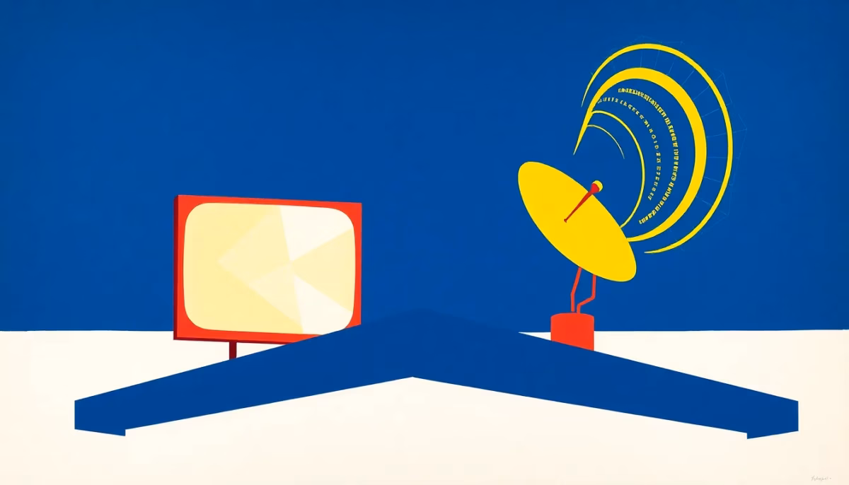 Suprematist abstract painting inspired by Kazimir Malevich featuring a rooftop television antenna and a satellite dish broadcasting geometric signal waves. Minimalist composition of bold navy blue and vibrant yellow geometric shapes on a stark white background. Flat textures, sharp edges, avant-garde electrical concept. No humans, no text overlay.