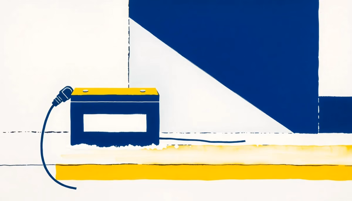 Suprematist abstract painting by Kazimir Malevich featuring an electric car battery and a charging plug in winter. Minimalist composition of bold navy blue and vibrant yellow geometric shapes on a stark white background, with subtle frost accents. Flat textures, sharp edges, avant-garde electrical concept. No humans, no text.
