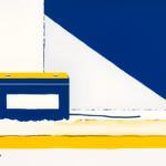 Suprematist abstract painting by Kazimir Malevich featuring an electric car battery and a charging plug in winter. Minimalist composition of bold navy blue and vibrant yellow geometric shapes on a stark white background, with subtle frost accents. Flat textures, sharp edges, avant-garde electrical concept. No humans, no text.