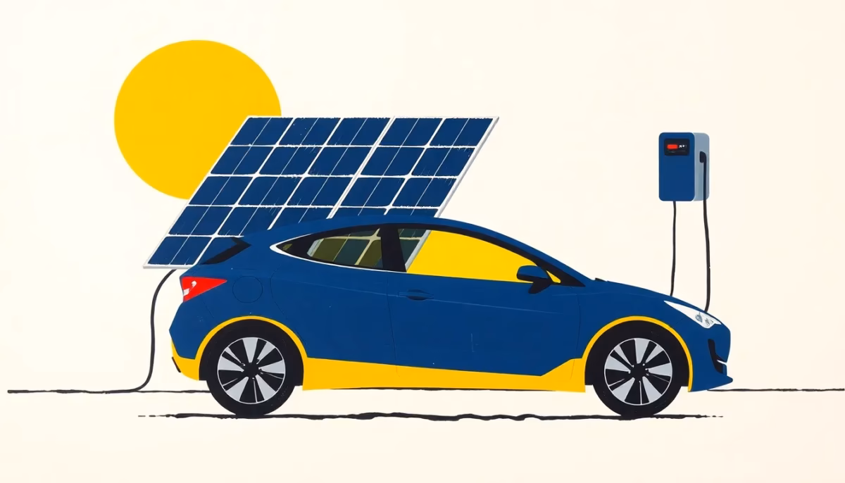 Suprematist abstract painting in the style of Kazimir Malevich showing solar panels charging an electric car. Minimalist composition of bold navy blue and vibrant yellow geometric shapes, with dynamic diagonal rectangles evoking solar energy flowing from rooftop panels into a stylized electric vehicle, all set on a stark white background. Flat textures, sharp clean edges, avant-garde modernist electrical concept inspired by home solar EV charging in the French countryside. No humans, no text, no lettering.