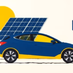 Suprematist abstract painting in the style of Kazimir Malevich showing solar panels charging an electric car. Minimalist composition of bold navy blue and vibrant yellow geometric shapes, with dynamic diagonal rectangles evoking solar energy flowing from rooftop panels into a stylized electric vehicle, all set on a stark white background. Flat textures, sharp clean edges, avant-garde modernist electrical concept inspired by home solar EV charging in the French countryside. No humans, no text, no lettering.