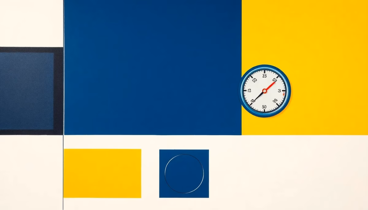 Suprematist abstract painting in the style of Kazimir Malevich featuring a gas boiler with radiators, a large circular reset button and a pressure gauge showing the needle in the green zone. Minimalist composition of bold navy blue and vibrant yellow geometric shapes on a stark white background. Flat textures, sharp edges, avant-garde heating concept. No humans, no text.